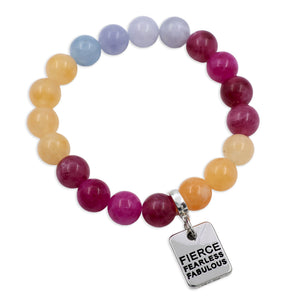 Fierce fearless fabulous silver charm on brightly coloured bead bracelet 
