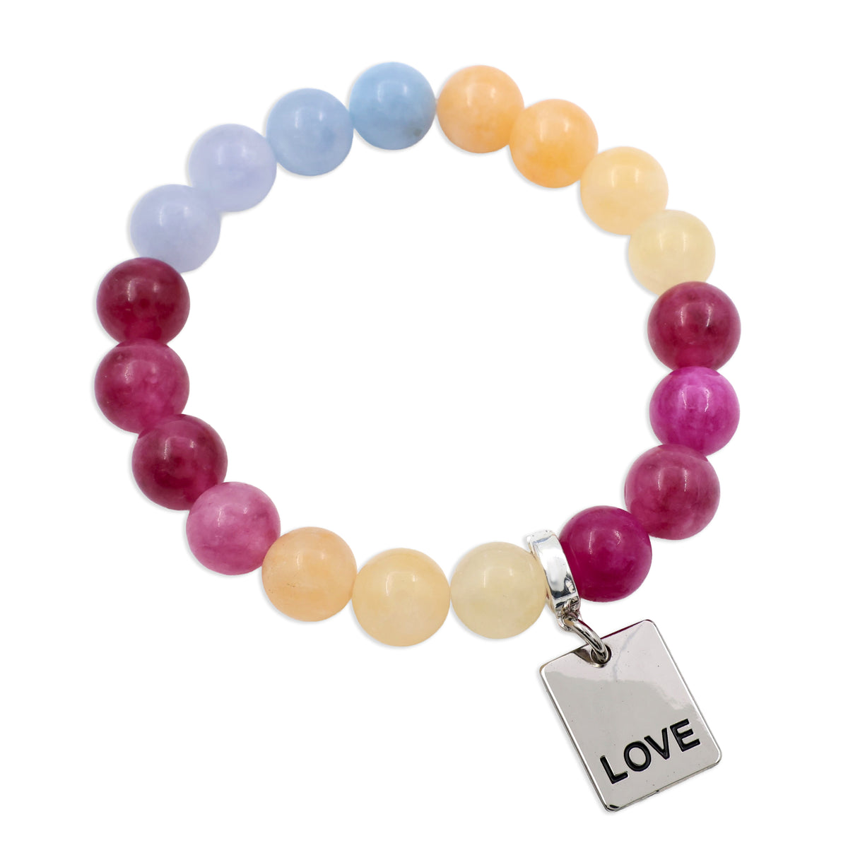 Multicolored beaded bracelet with a 'LOVE' charm on a white background
