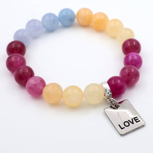 Multicolored beaded bracelet with a 'LOVE' charm on a white background