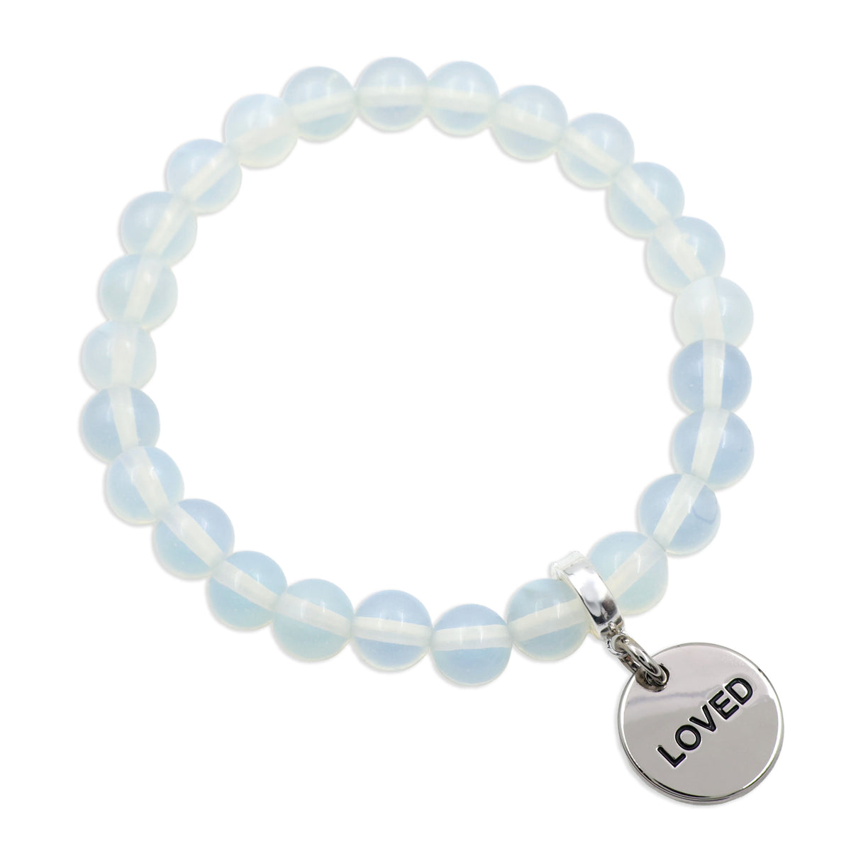 Stone Bracelet - Opalite Stone 8mm Beads - With Silver Word charm