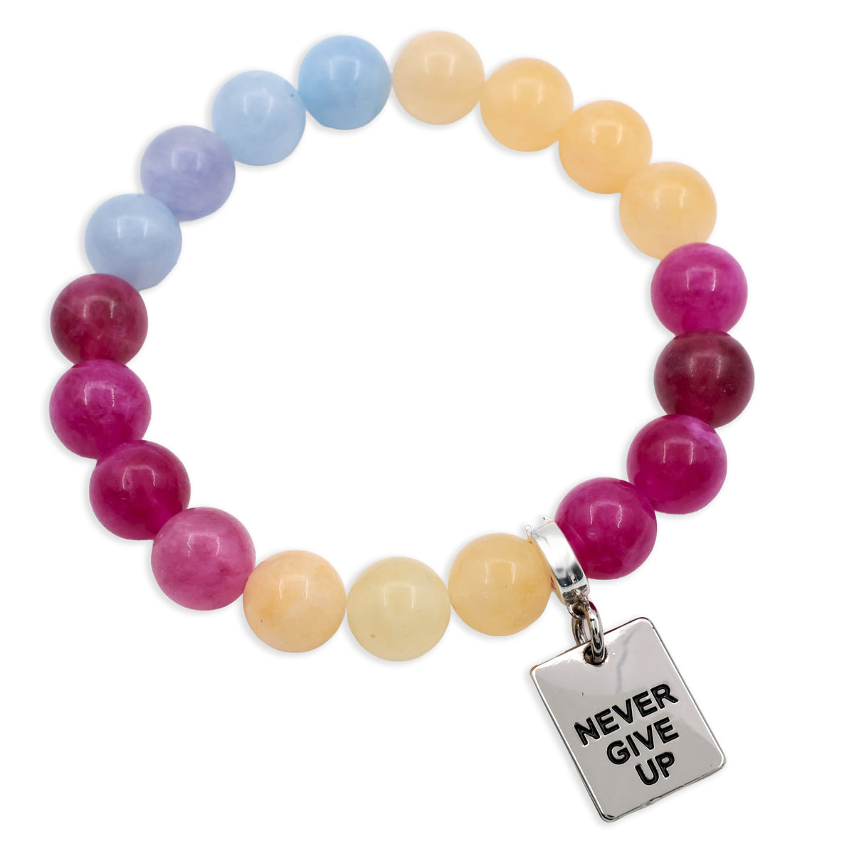 Never give up silver charm on bright bracelet with pink yellow and purple stone beads. 
