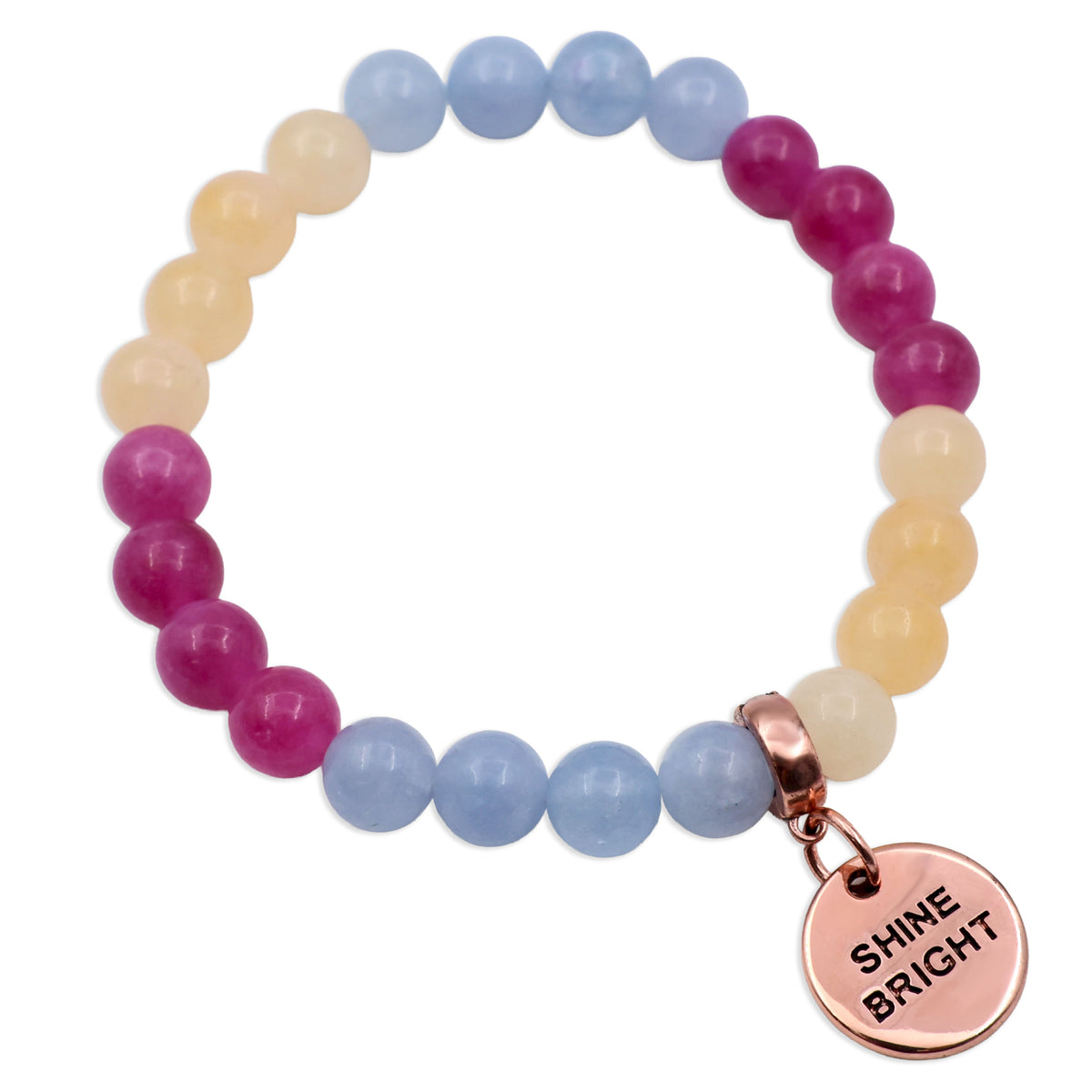 Multicolored beaded bracelet with a 'Shine Bright' charm on a white background
