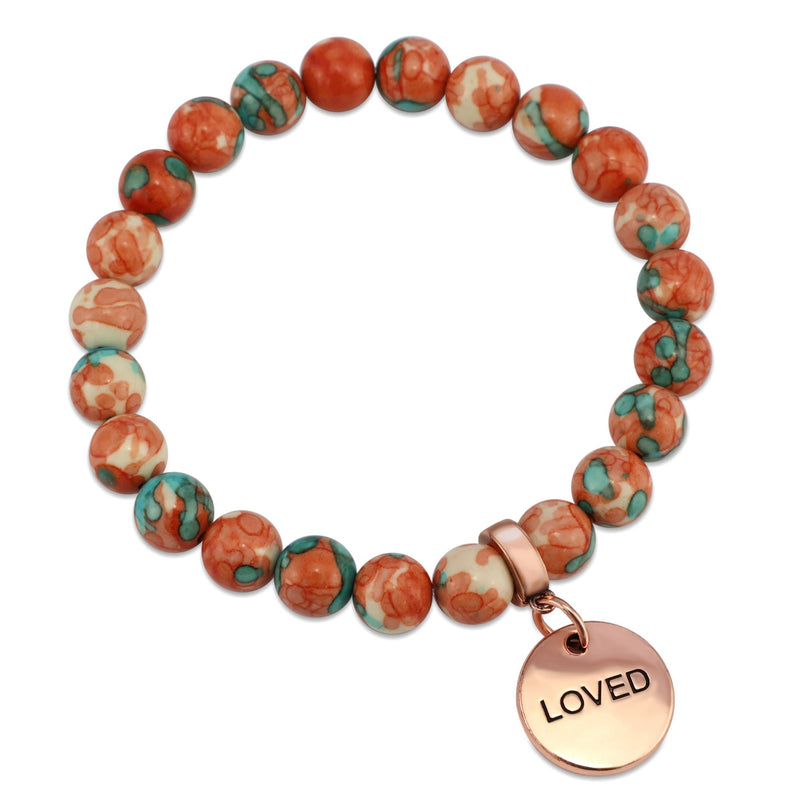 Stone Bracelet - Orange & Teal Patch Agate 8mm Beads - with Rose Gold Word Charm