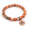 Stone Bracelet - Orange & Teal Patch Agate 8mm Beads - with Rose Gold Word Charm