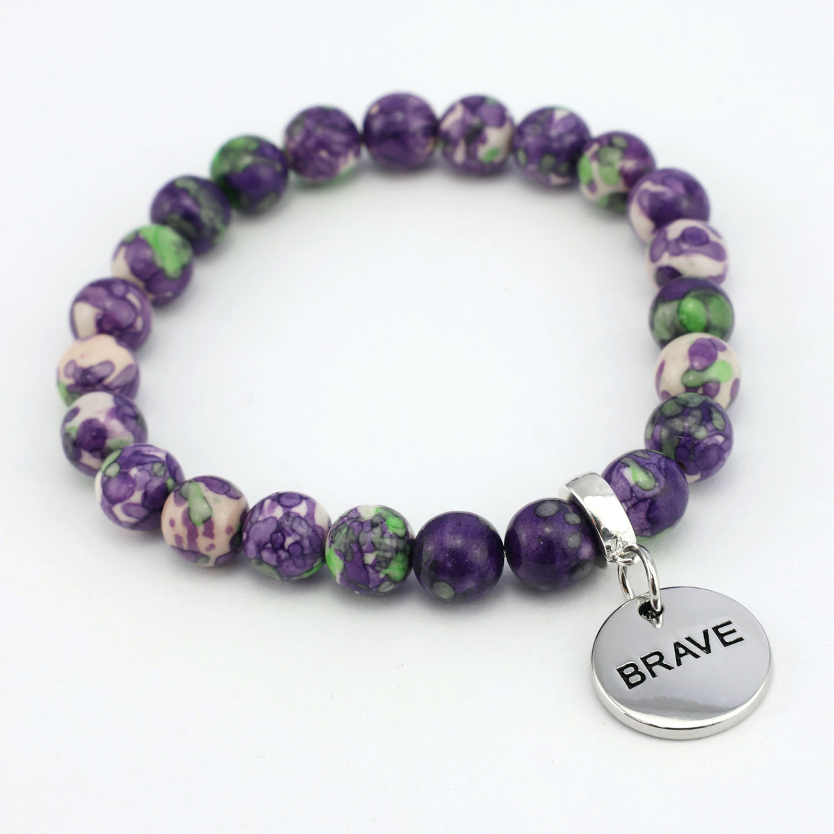 Stone Bracelet - Purple & Lime Patch Agate 8mm Beads - with Silver Word Charm