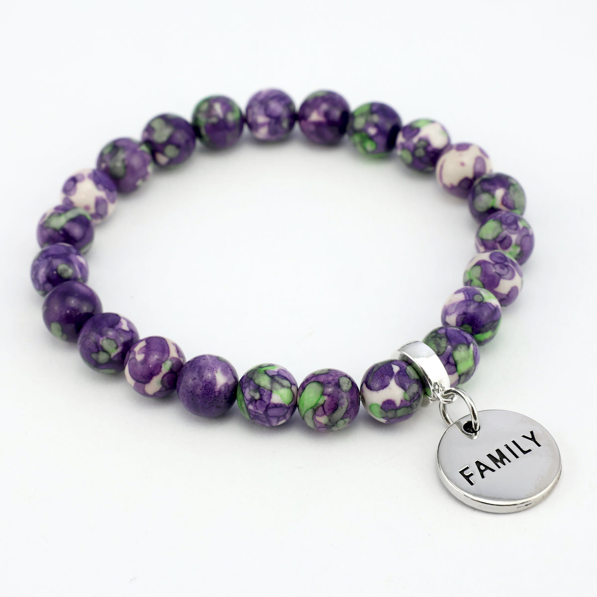 Stone Bracelet - Purple & Lime Patch Agate 8mm Beads - with Silver Word Charm