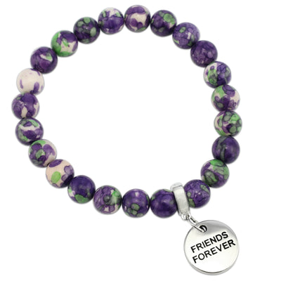 Stone Bracelet - Purple & Lime Patch Agate 8mm Beads - with Silver Word Charm