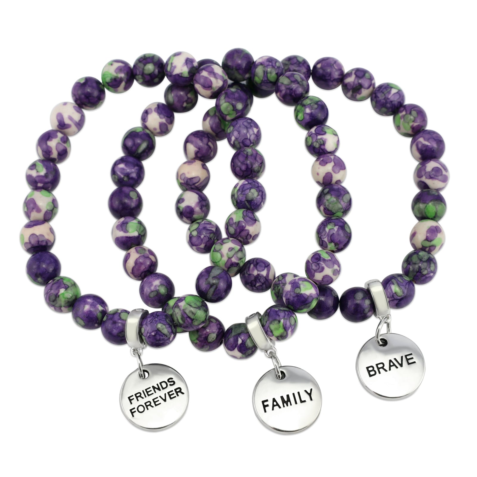 Stone Bracelet - Purple & Lime Patch Agate 8mm Beads - with Silver Word Charm