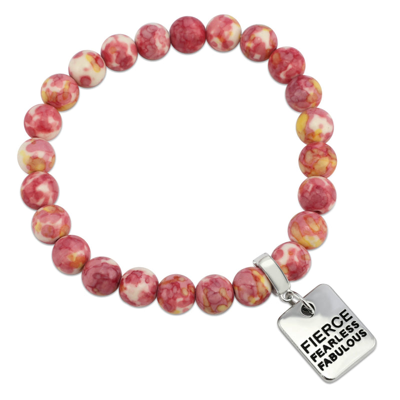 Stone Bracelet - Raspberry Sunshine Patch Agate 8mm Beads - with Silver Word Charm