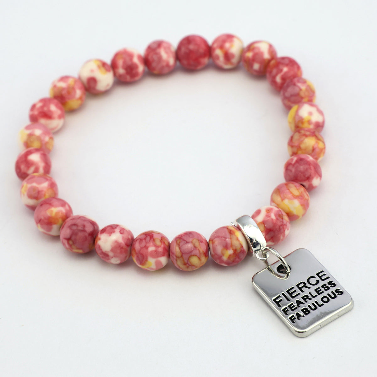 Stone Bracelet - Raspberry Sunshine Patch Agate 8mm Beads - with Silver Word Charm
