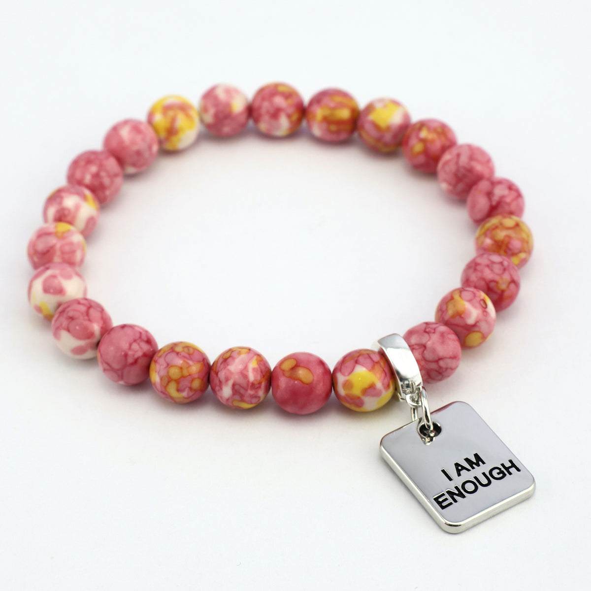 Stone Bracelet - Raspberry Sunshine Patch Agate 8mm Beads - with Silver Word Charm