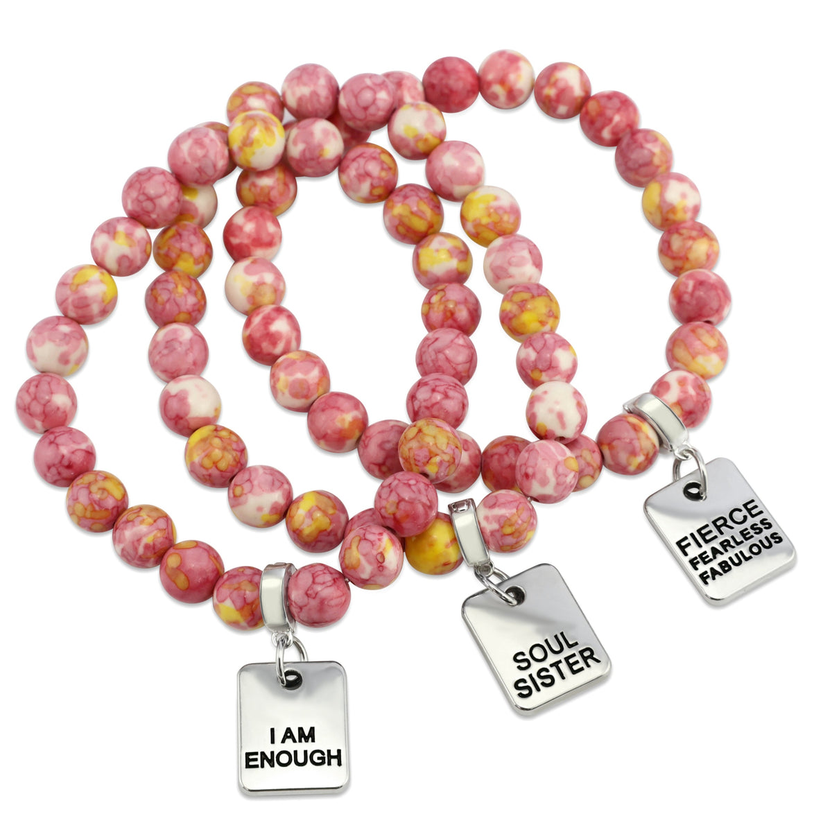 Stone Bracelet - Raspberry Sunshine Patch Agate 8mm Beads - with Silver Word Charm