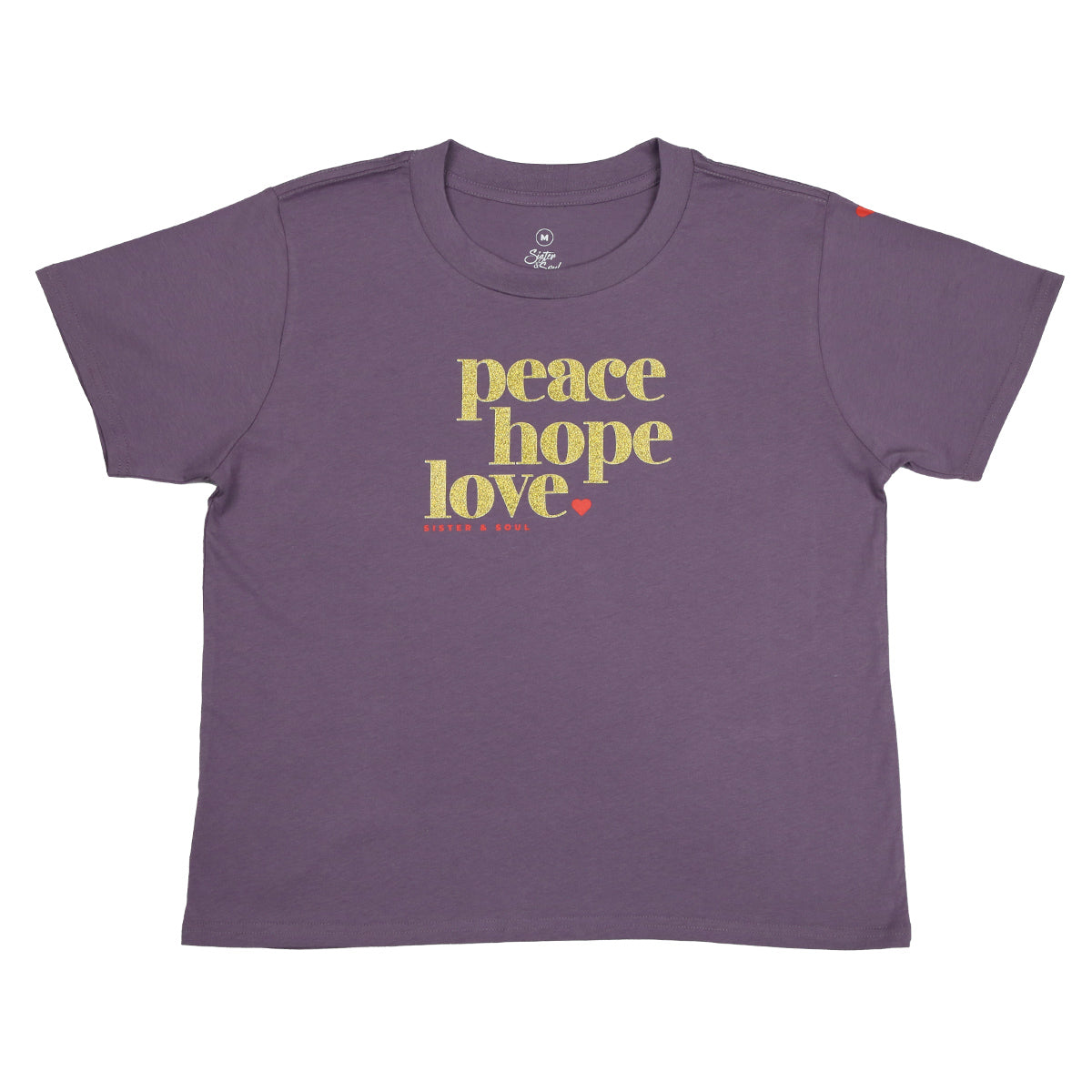 PEACE HOPE LOVE - Dusty Purple Cropped Wide Boxy Tee - Gold Glitter Print
