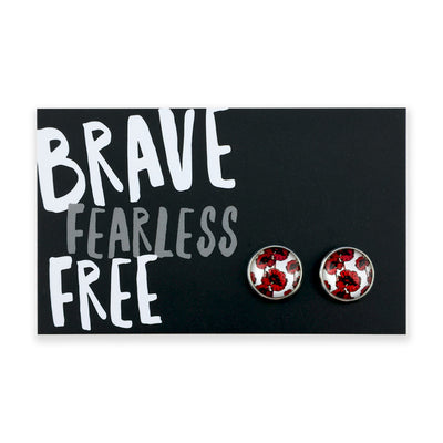 POPPIES Collection - Brave Fearless Free - Bright Silver 12mm Circle Studs - Peace Poppy (12732)