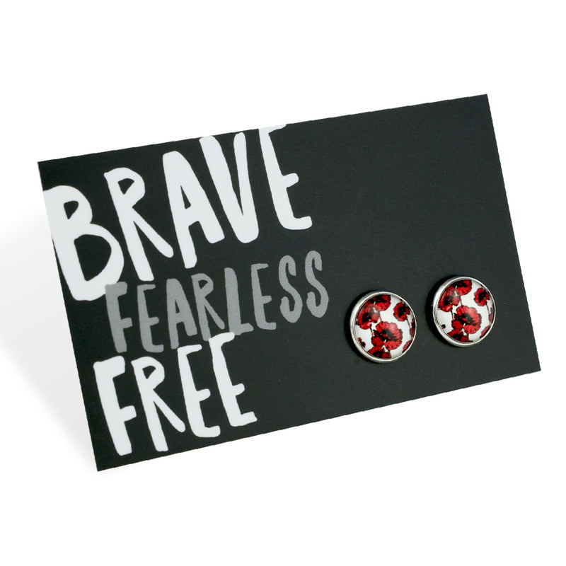 POPPIES Collection - Brave Fearless Free - Bright Silver 12mm Circle Studs - Peace Poppy (12732)