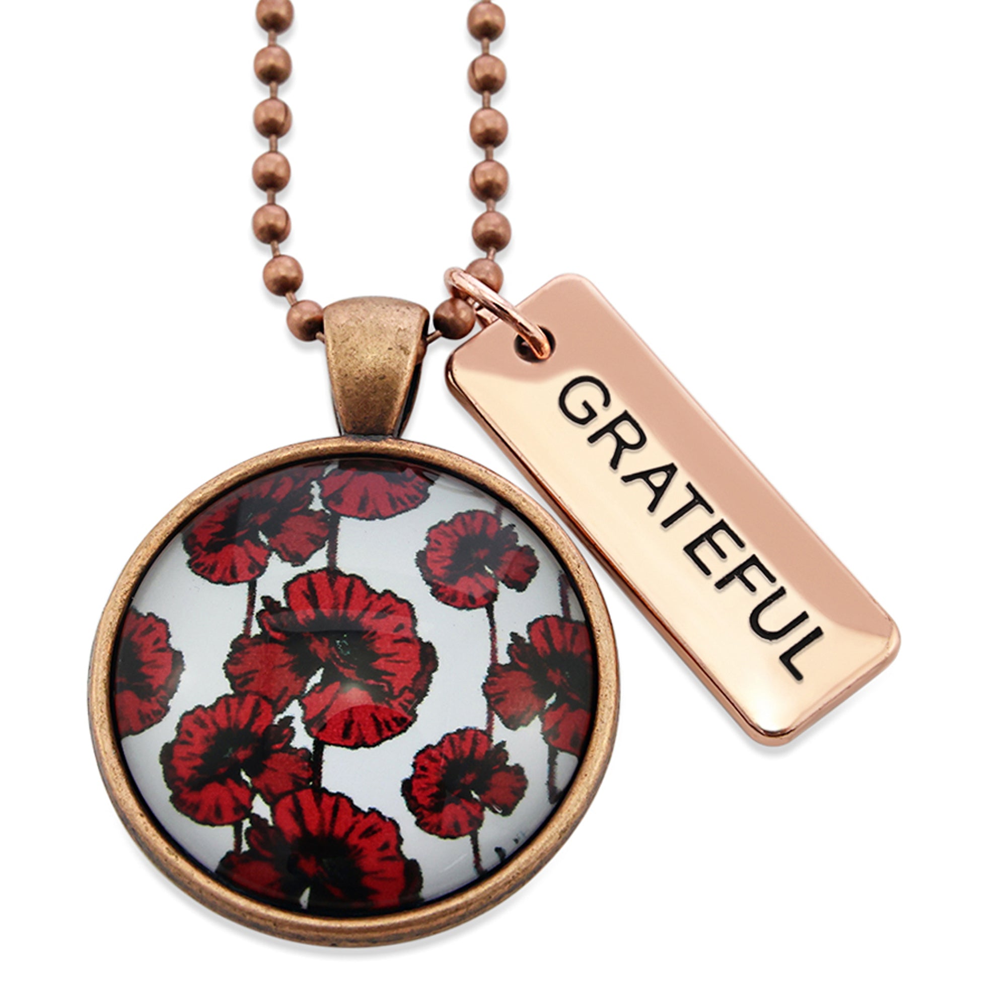 POPPIES Collection - Vintage Copper 'GRATEFUL' Necklace - Peace Poppy (10745)