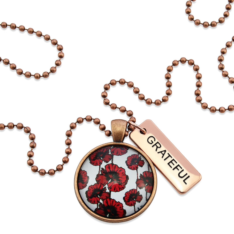 POPPIES Collection - Vintage Copper 'GRATEFUL' Necklace - Peace Poppy (10745)