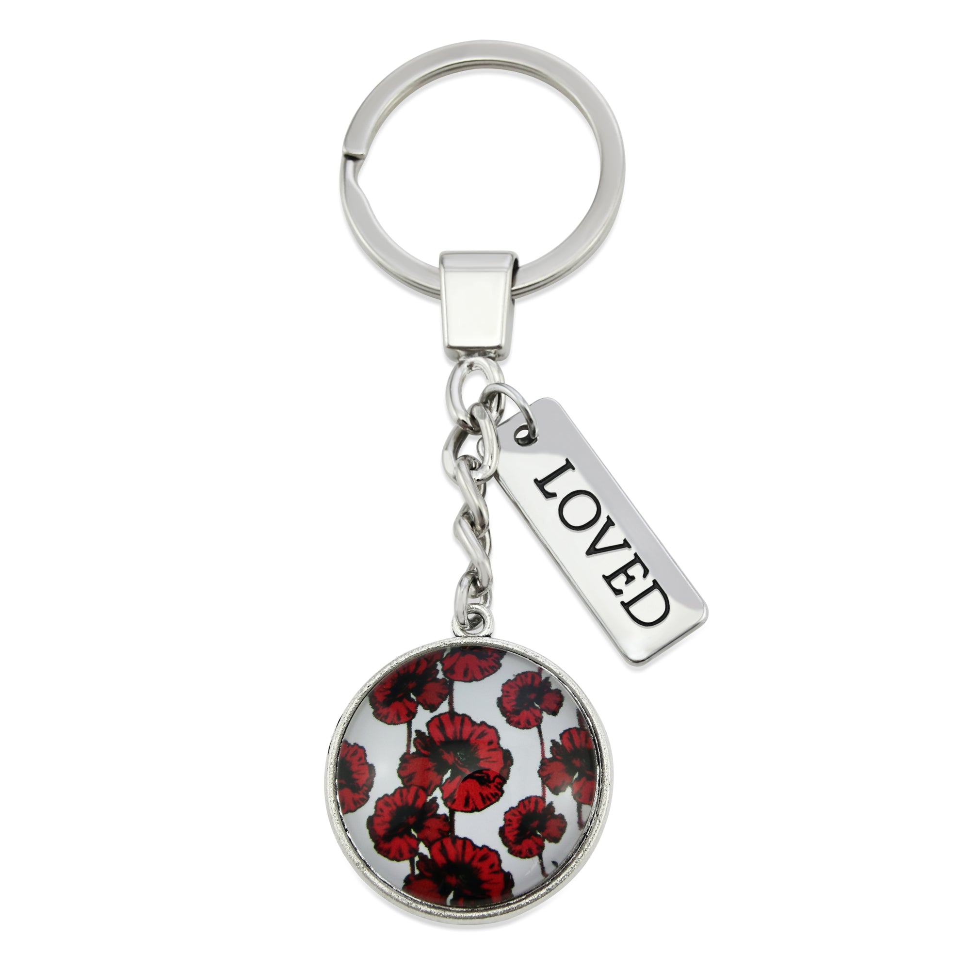 POPPIES Collection - Vintage Silver 'LOVED' Keyring - Peace Poppy (10152)