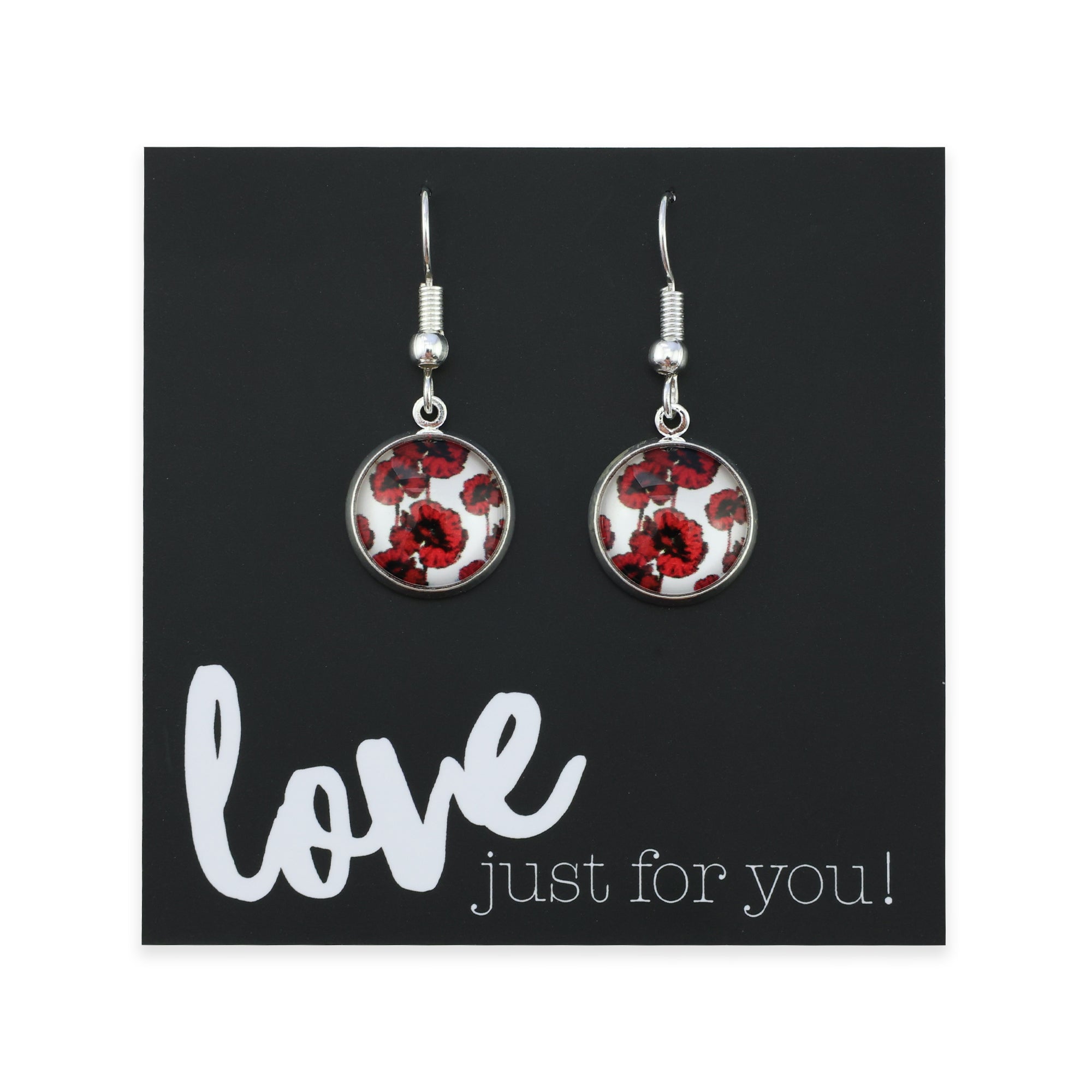 POPPIES Collection - Love Just For You - Bright Silver Dangle Earrings - Peace Poppy (12755)