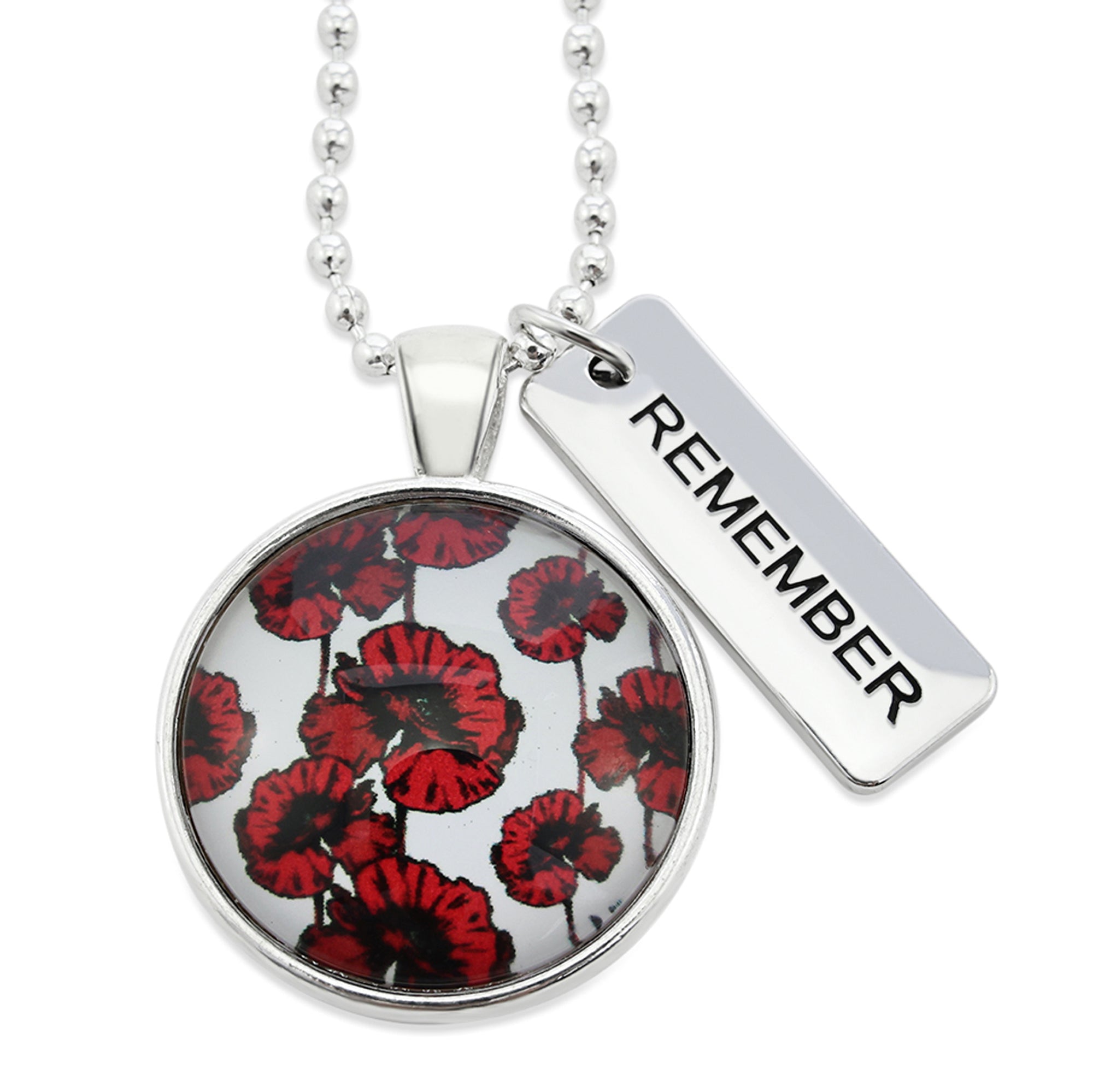 POPPIES Collection - Bright Silver 'REMEMBER' Necklace - Peace Poppy (10221)