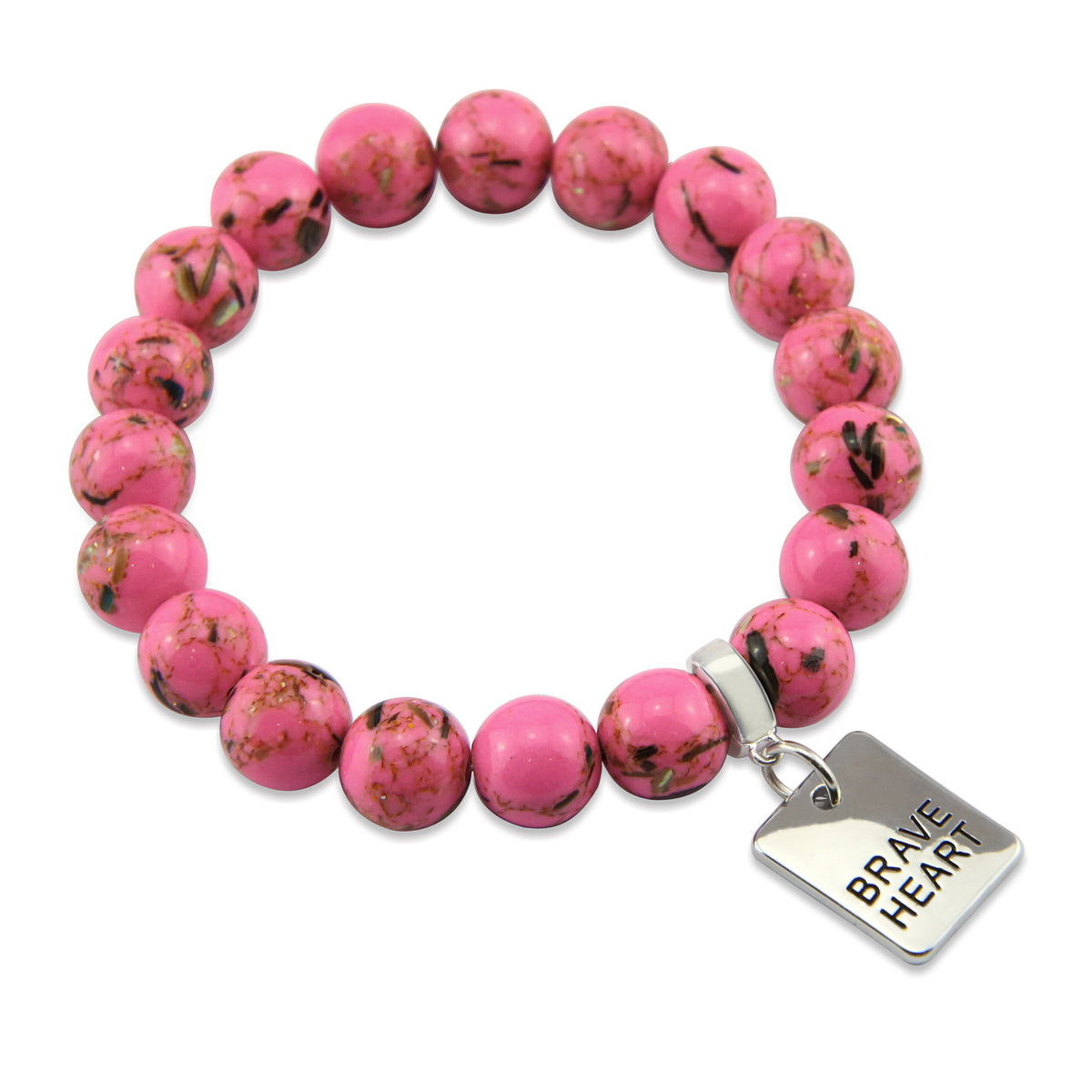Pink beaded bracelet with a 'Brave Heart' charm on a white background