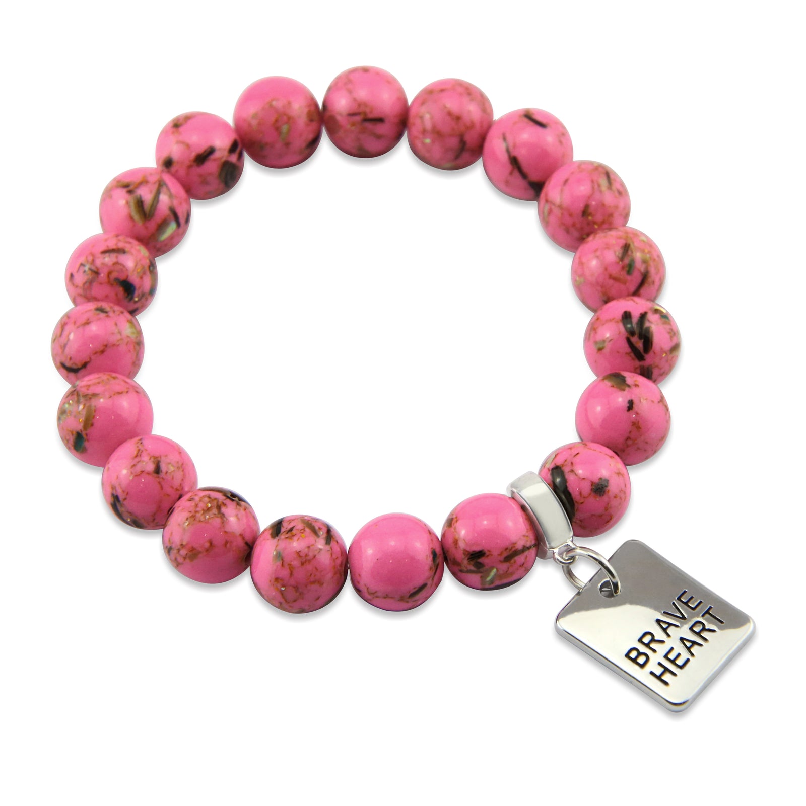 Pink beaded necklace with motivational charm tags on a white background