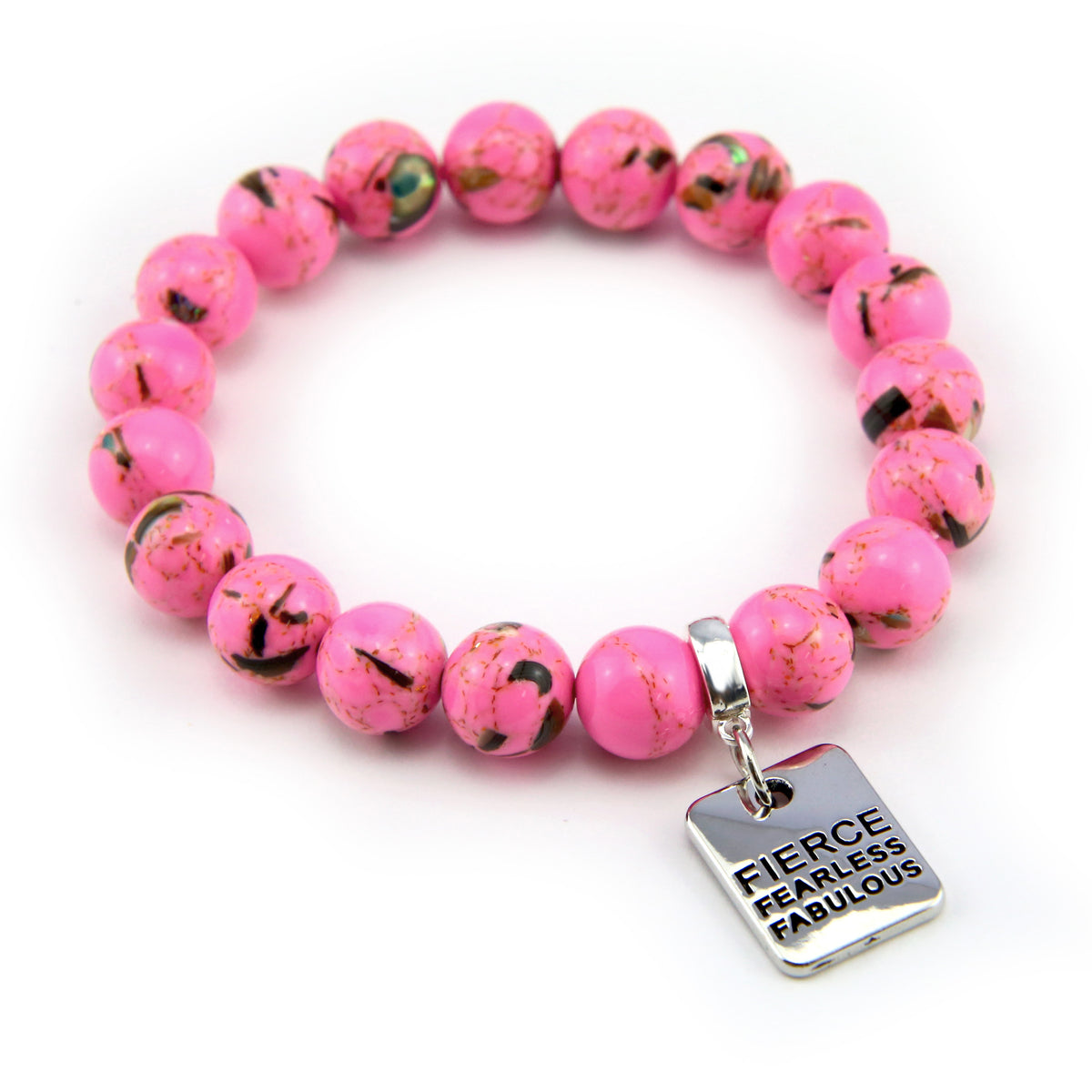 Pink beaded bracelet with a silver tag reading 'Fierce Fearless Fabulous' on a white background