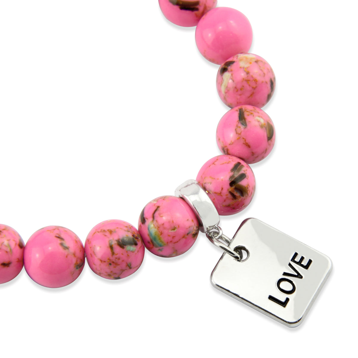 Bracelet with pink beads and a silver 'LOVE' charm on a white background