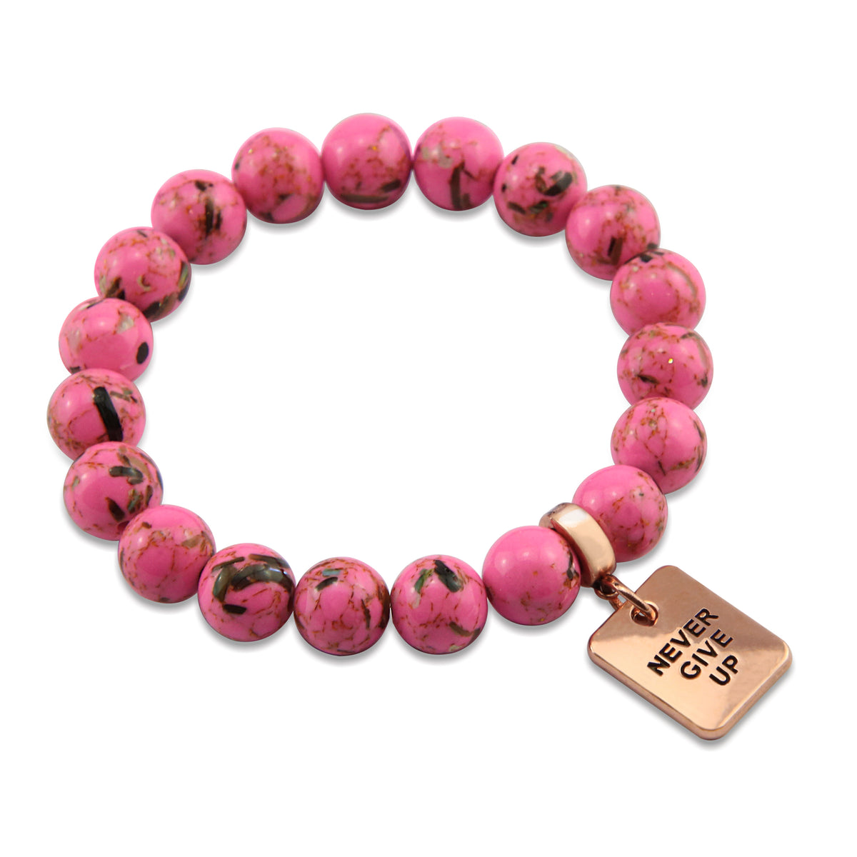 Pink beaded bracelet with a 'Never Give Up' tag on a white background