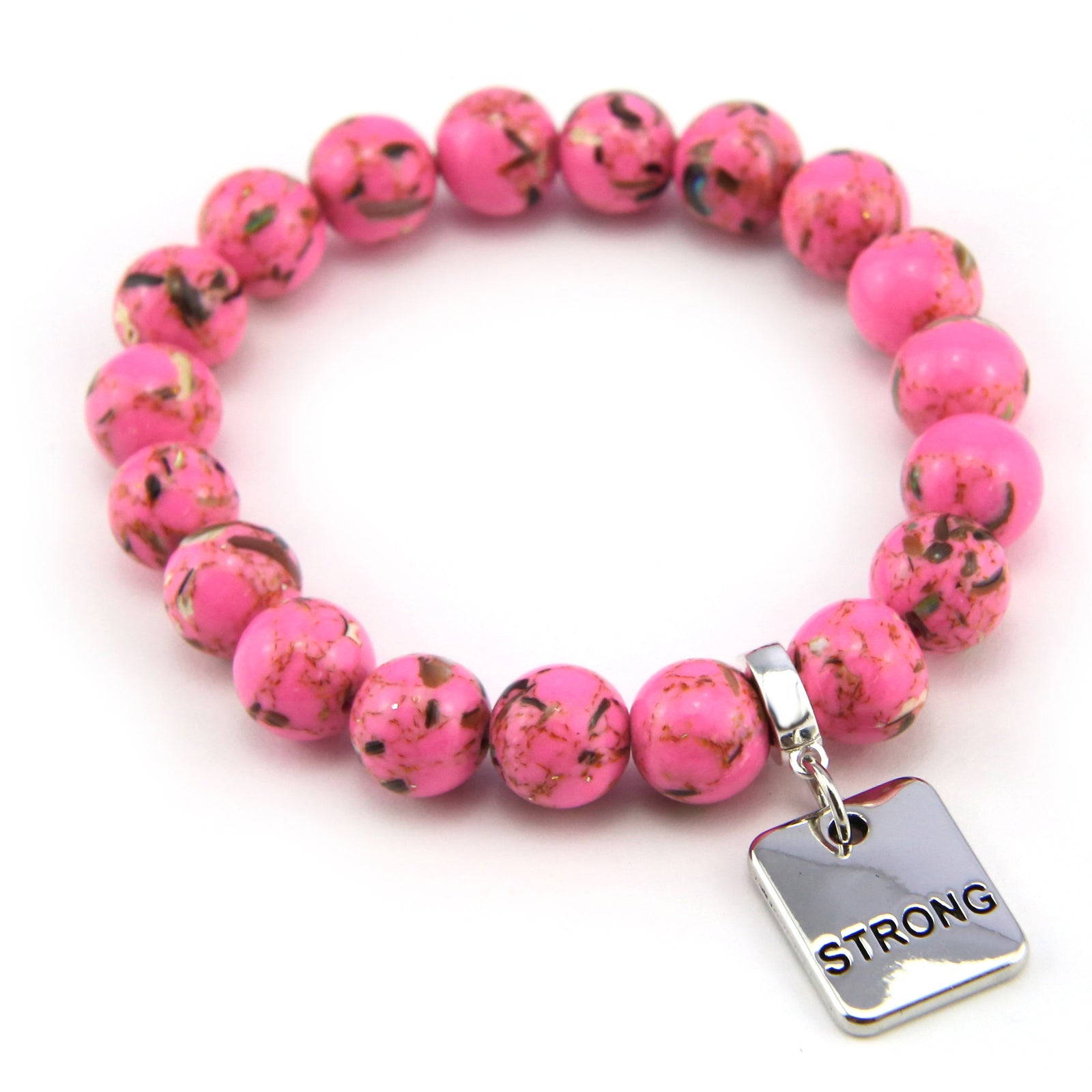 Pink beaded necklace with motivational charm tags on a white background