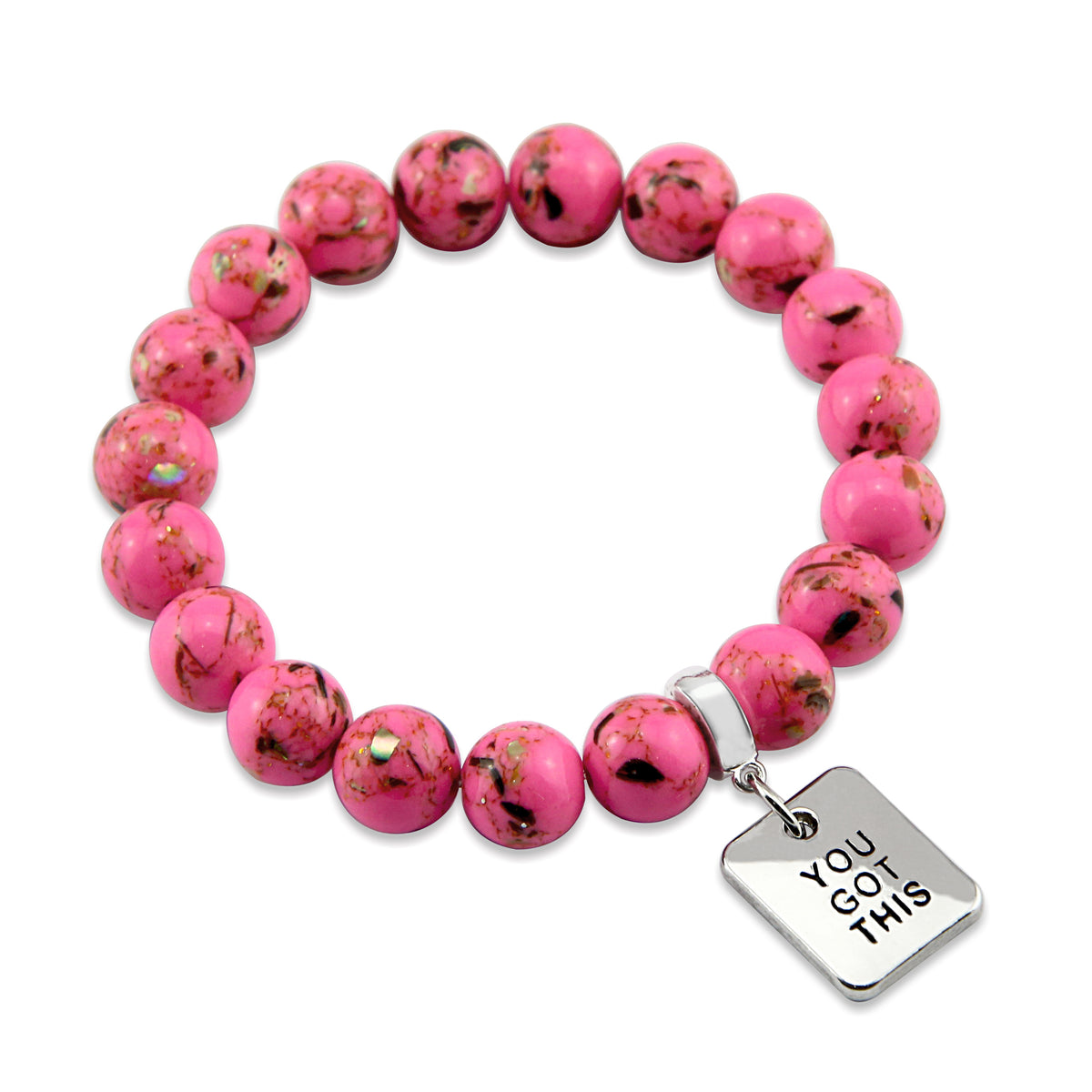 Pink beaded bracelet with a silver tag reading 'You Got This' on a white background