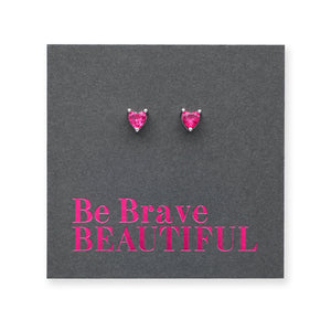 Be Brave Beautiful Sterling Silver Stud Earrings - Tiny Fuchsia Pink Zircon Hearts