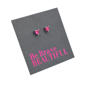 Be Brave Beautiful Sterling Silver Stud Earrings - Tiny Fuchsia Pink Zircon Hearts
