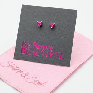 Be Brave Beautiful Sterling Silver Stud Earrings - Tiny Fuchsia Pink Zircon Hearts