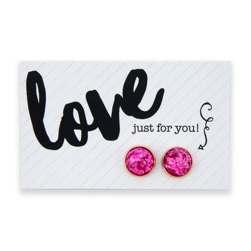 PINK COLLECTION SPARKLEFEST - Love Just For You - Rose Gold Stud Earrings - Hot Pink Glitter (2414-F)