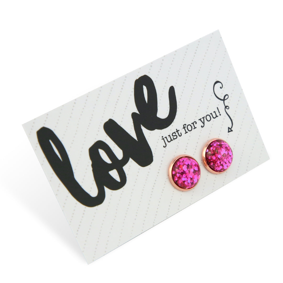 PINK COLLECTION SPARKLEFEST - Love Just For You - Rose Gold Stud Earrings - Hot Pink Glitter (2414-F)