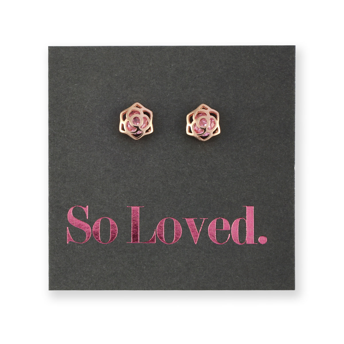 PINK COLLECTION - Rose Shaped Stud - Sterling Silver 18k Rose Gold Studs + Pink CZ Crystal - So Loved (9814)