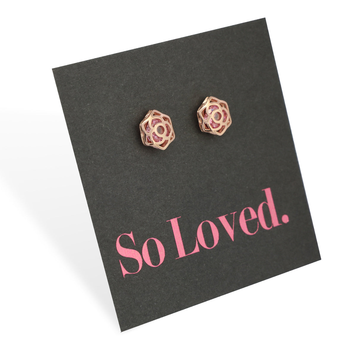 PINK COLLECTION - Rose Shaped Stud - Sterling Silver 18k Rose Gold Studs + Pink CZ Crystal - So Loved (9814)