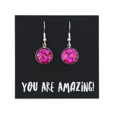 PINK COLLECTION SPARKLEFEST - You Are Amazing - Stainless Steel Vintage Silver Dangles - Hot Pink Glitter (9216)
