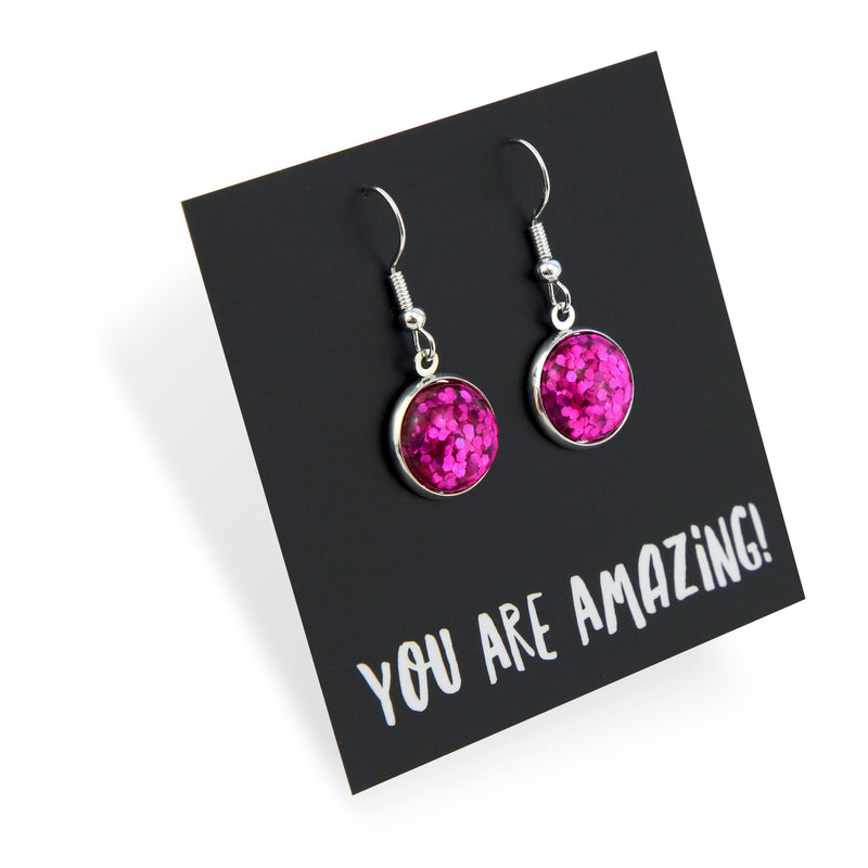 PINK COLLECTION SPARKLEFEST - You Are Amazing - Stainless Steel Vintage Silver Dangles - Hot Pink Glitter (9216)