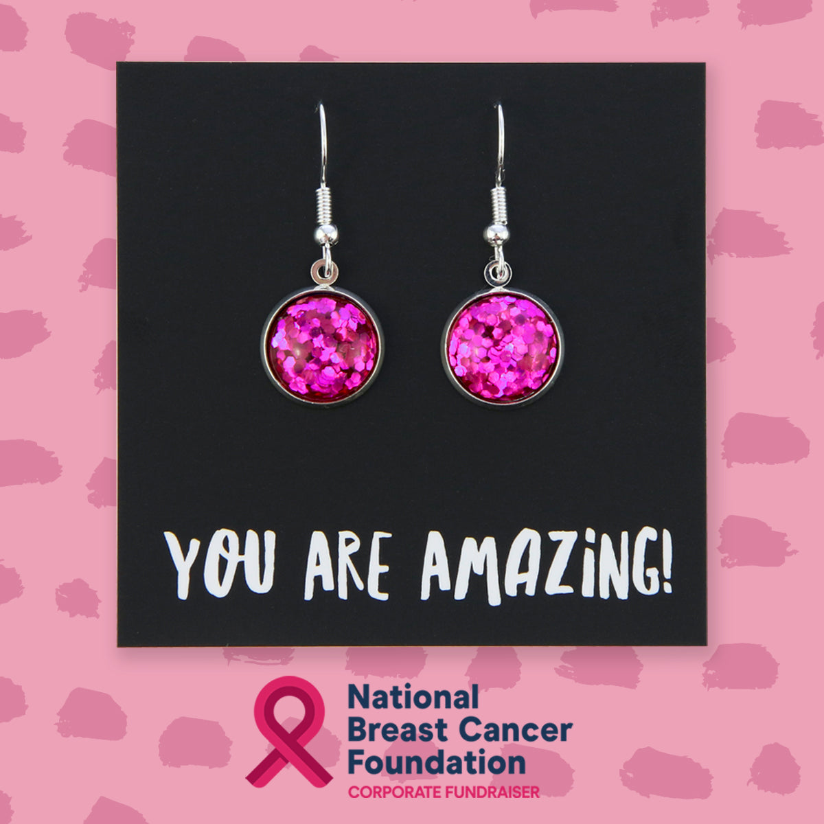 SPARKLEFEST - You Are Amazing - Stainless Steel Vintage Silver Dangles - Hot Pink Glitter (9216)