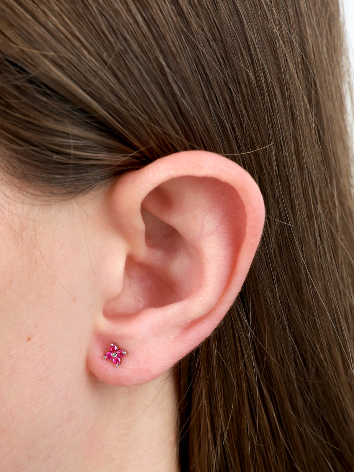 So Loved Sterling Silver Stud Earrings - Tiny Fuchsia Zircon Floret
