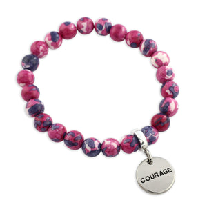 Pink and purple beaded bracelet with a 'COURAGE' charm on a white background