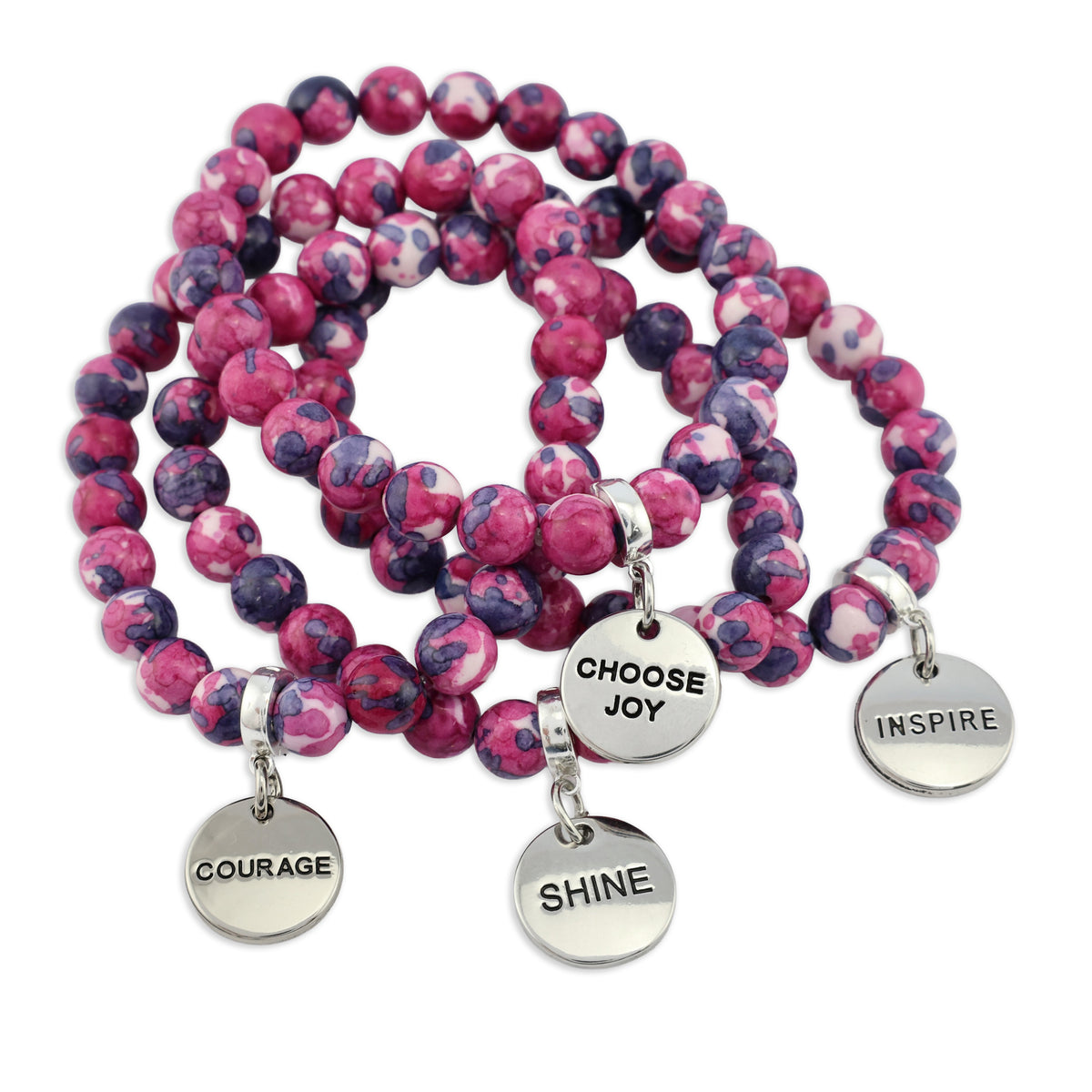 Set of pink and purple beaded bracelets with inspirational charms on a white background