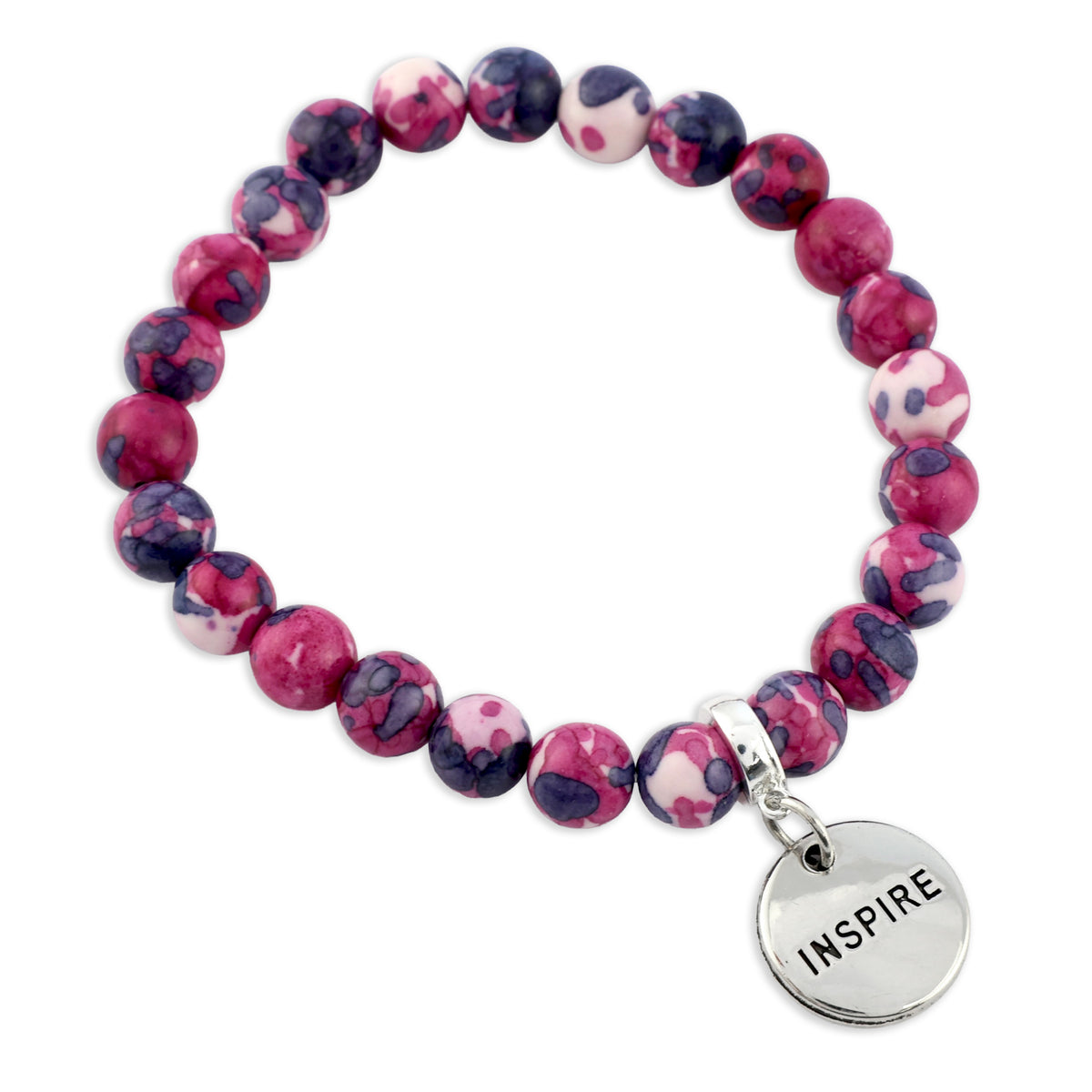 Beaded bracelet with 'INSPIRE' charm on a white background