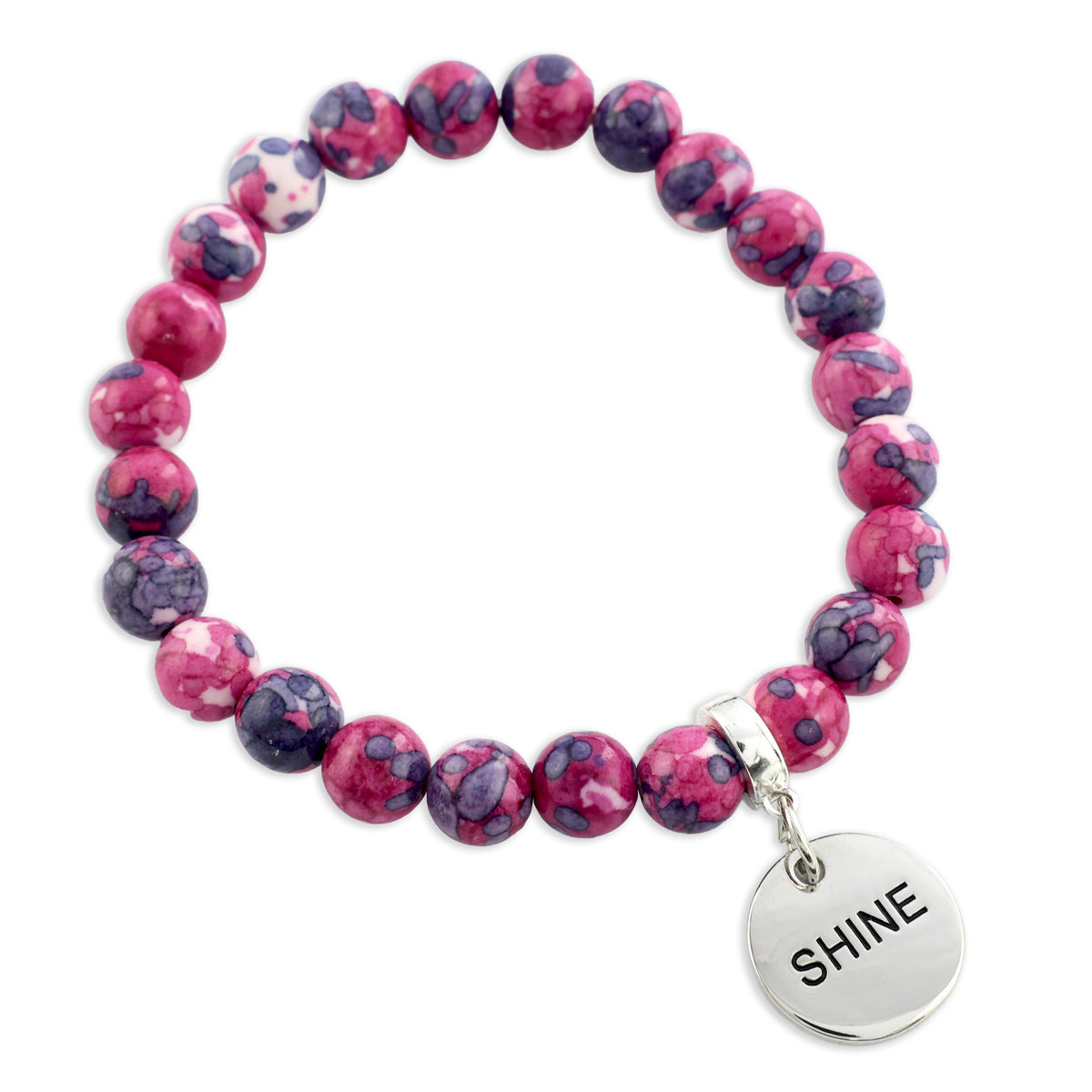 Pink and purple beaded bracelet with a 'SHINE' charm on a white background