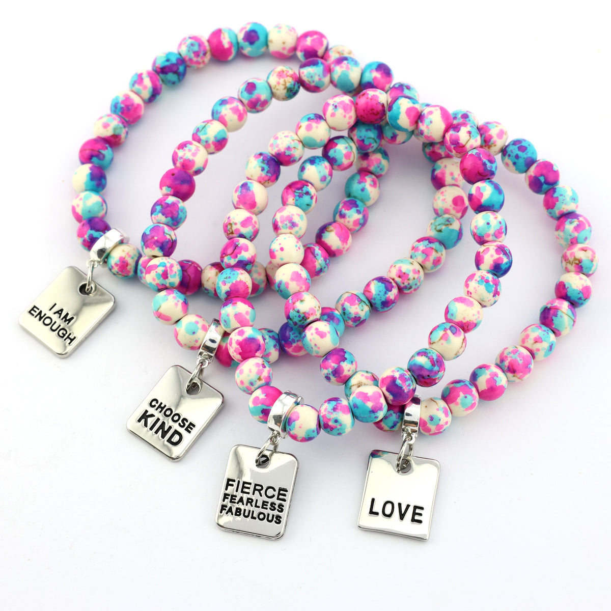 Stone Bracelet - Pop Fizz Patch Agate Speckled Howlite 8mm Beads - With Silver Word charm