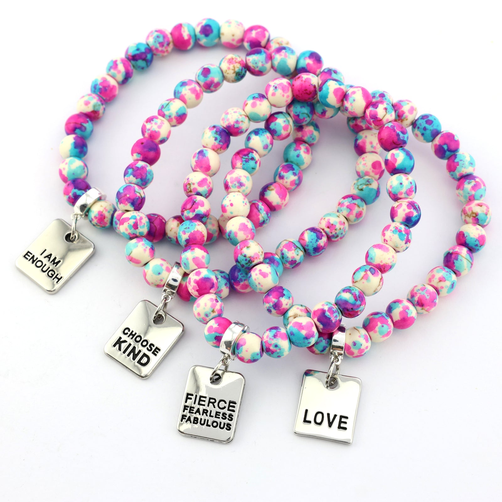 Stone Bracelet - Pop Fizz Patch Agate Speckled Howlite 8mm Beads - With Silver Word charm