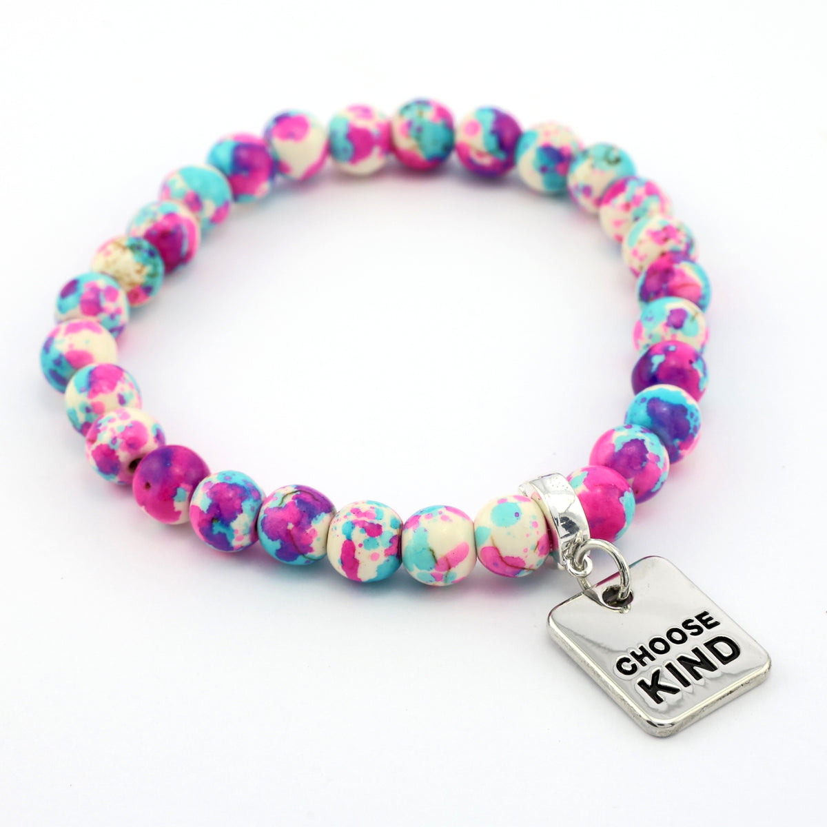 Stone Bracelet - Pop Fizz Patch Agate Speckled Howlite 8mm Beads - With Silver Word charm