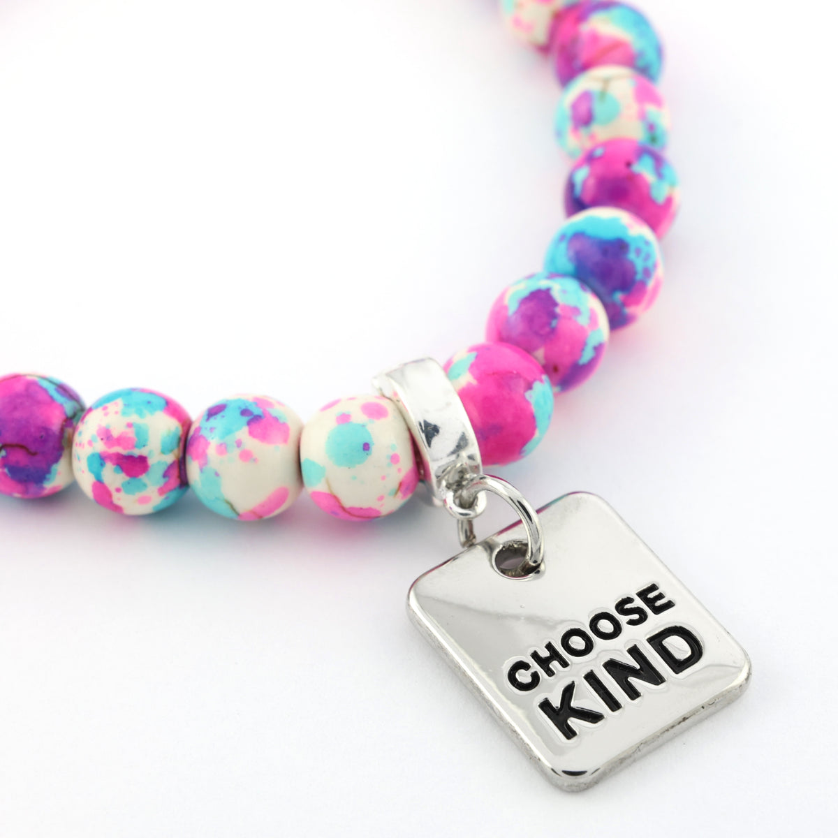 Stone Bracelet - Pop Fizz Patch Agate Speckled Howlite 8mm Beads - With Silver Word charm